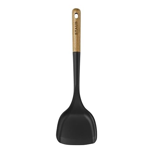  STAUB Wok Spatula, Perfect for Scooping, Flipping, Stirring, and Turning Stir Fries, One Size, Durable BPA-free Matte Black Silicone, Acacia Wood Handles, Safe for Nonstick Cooking Surfaces