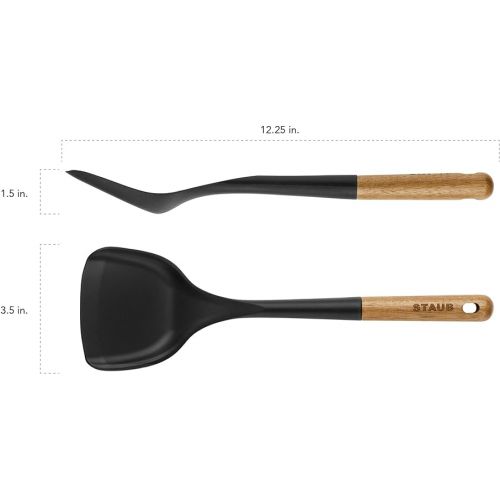  STAUB Wok Spatula, Perfect for Scooping, Flipping, Stirring, and Turning Stir Fries, One Size, Durable BPA-free Matte Black Silicone, Acacia Wood Handles, Safe for Nonstick Cooking Surfaces