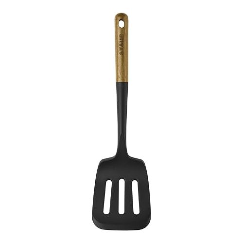  STAUB Silicone Spatula Turner, Perfectly Angled for Lifting Pancakes, Sandwiches and Picking up Veggies Durable BPA-Free Matte Black Silicone, Acacia Wood Handles, Safe for Nonstick Cooking Surfaces