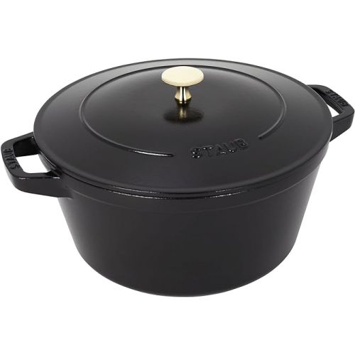  STAUB Cast Iron Set 4-pc, Stackable Space-Saving Cookware Set, Dutch Oven, Skillet, Grill Pan with Universal Lid, Made in France, Matte Black