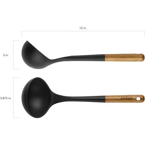  STAUB Soup Ladle, Perfect for Serving Hot Soup, Portion Batter for Pancakes, and Sauce Pasta, Durable BPA-Free Matte Black Silicone, Acacia Wood Handles, Safe for Nonstick Cooking Surfaces