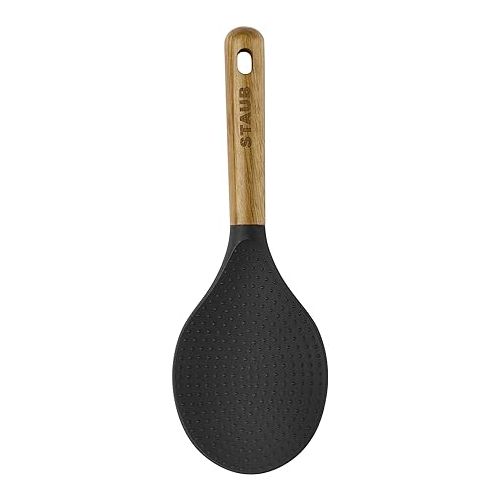  STAUB Rice Spoon, Perfect for Keeping Rice Fluffy While Scooping and Serving, Durable BPA-Free Matte Black Silicone, Acacia Wood Handles, Safe for Nonstick Cooking Surfaces, 8.75 x 3 x 0.75 inches