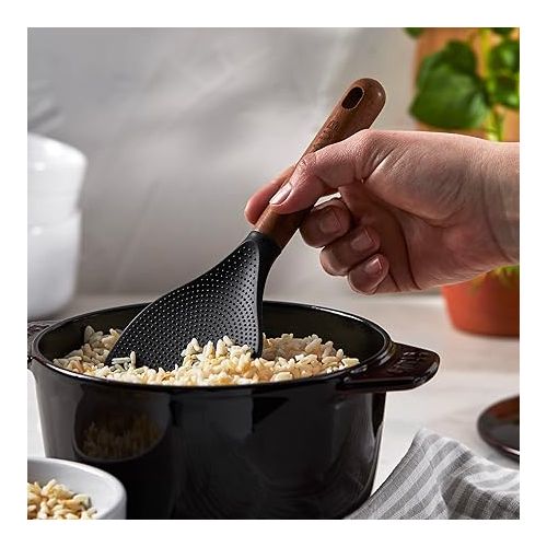  STAUB Rice Spoon, Perfect for Keeping Rice Fluffy While Scooping and Serving, Durable BPA-Free Matte Black Silicone, Acacia Wood Handles, Safe for Nonstick Cooking Surfaces, 8.75 x 3 x 0.75 inches