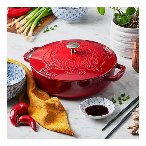  STAUB Cast Iron-Braisers/Saute 2.5-qt Saute Pan with Dragon Lid-Cherry