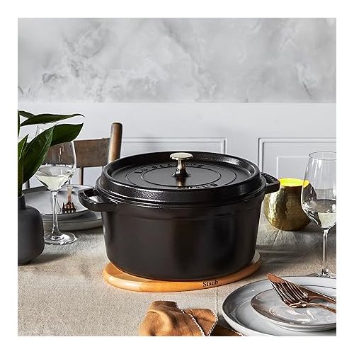  STAUB Cast Iron Dutch Oven 7-qt Round Cocotte, Made in France, Serves 7-8, Black Matte