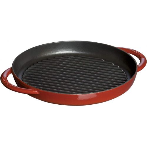  Staub Grillpfanne rund (26 cm, induktionsgeeignet, mit mattschwarzer Emaillierung im Inneren der Pfanne) kirschrot