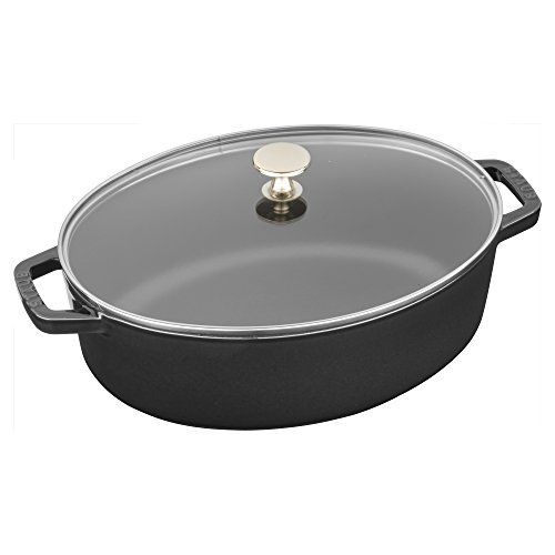  STAUB 12912923 Shallow Wide Oval Cocotte with Glass Lid, 4.25-Qt, Matte Black