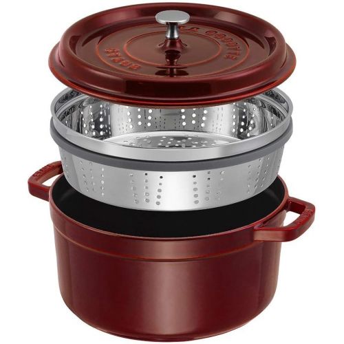  STAUB Gusseisen Brater/Cocotte, mit Dampfeinsatz, rund 26 cm, 5,2 L, grenadine