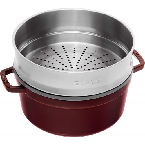  STAUB Gusseisen Brater/Cocotte, mit Dampfeinsatz, rund 26 cm, 5,2 L, grenadine