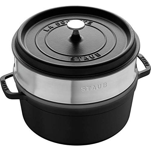  STAUB Gusseisen Brater/Cocotte, mit Dampfeinsatz, rund 26 cm, 5,2 L, schwarz