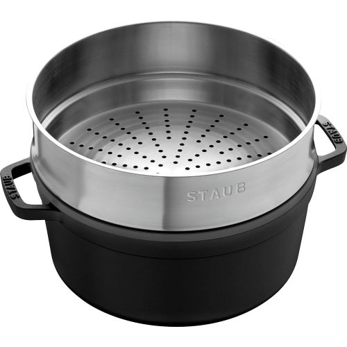  STAUB Gusseisen Brater/Cocotte, mit Dampfeinsatz, rund 26 cm, 5,2 L, schwarz