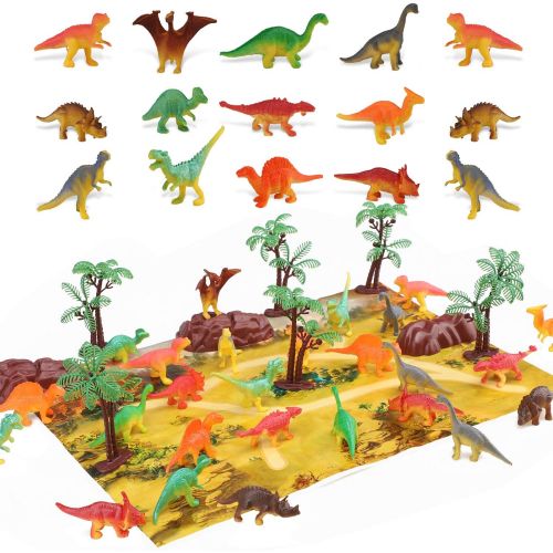  STEAM Life 46 Piece Mini Dinosaur Toy Set - Dinosaur Toys for 3 4 5 6 Year Old Boys and Girls - STEM Toys Dinosaurs Toy Set 36 Dinos a Playmat and Props - Triceratops Pterodactyl a