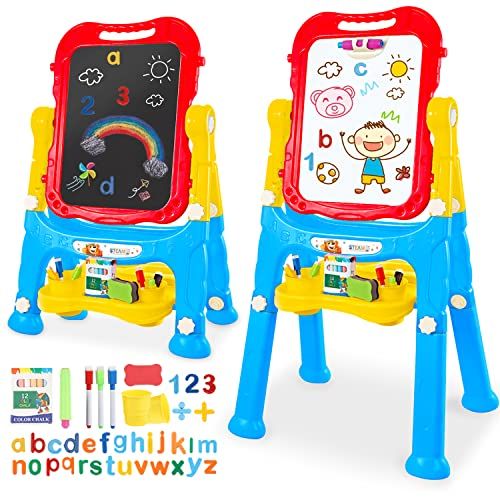  [아마존베스트]STEAM Life Art Easel for Kids - 4 in 1 Double Sided Magnetic Board, Chalkboard, and Drawing White Board for Kids Toddler -Includes Magnetic Letters and Numbers - Easy Storage