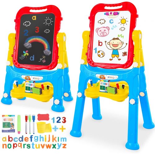  [아마존베스트]STEAM Life Art Easel for Kids - 4 in 1 Double Sided Magnetic Board, Chalkboard, and Drawing White Board for Kids Toddler -Includes Magnetic Letters and Numbers - Easy Storage