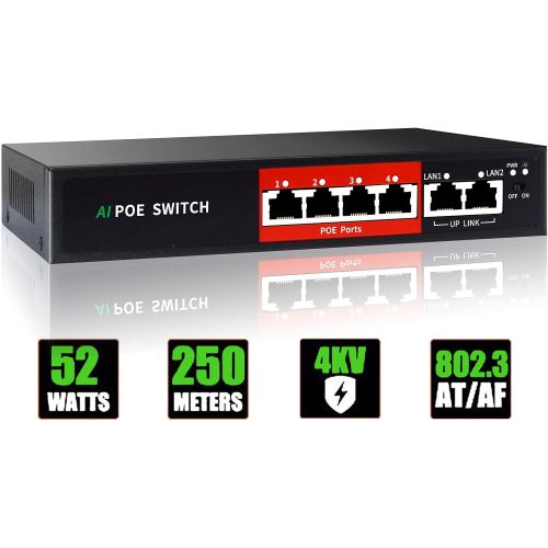  [아마존베스트]STEAMEMO PoE Switch，52V 65W （4 POE Ports +2 Uplink）100Mbps,802.3af/at，Unmanaged Network Extender Power Over Ethernet for IP，Extend Function,Metal Plug and Play
