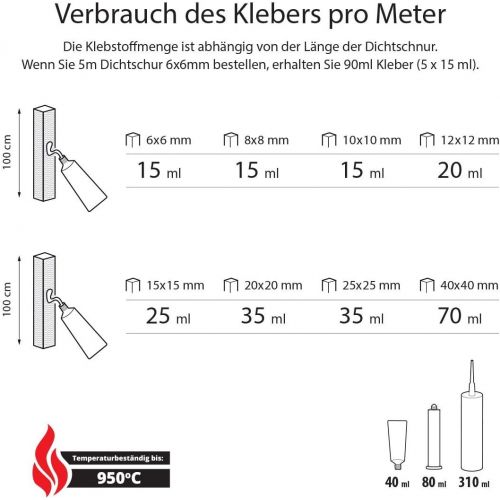  STEIGNER Ofendichtschnur Kamindichtung aus KERAMIKFASERN, hitzebestandig bis 1260°C, inkl. feuerfestem Montagekleber, 3m, 8x8mm, SKD01-8