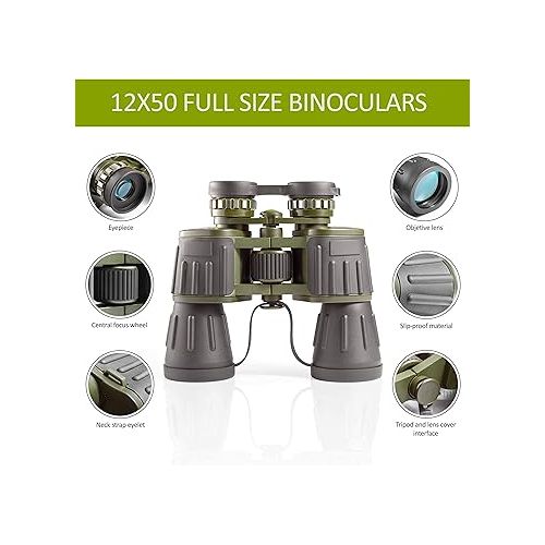  12X50 Full Size Binoculars for Adults with Photography Video Kit Tripod & Smartphone Adapter Shutter Carrying Bag & Strap, Easy Focus for Camping,Travel,Stargazing,Bird Watching