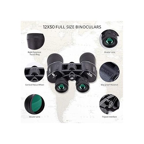  12X50 Full Size Binoculars for Adults - Photography Video Kit Included Pro Tripod, Carrying Bag & Strap - Perfect for Camping, Travel, Stargazing & Bird Watching