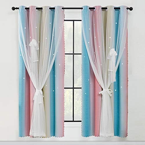  [아마존베스트]STFLY 2 Panels Star Curtains for Girls Bedroom 84 inch Length Room Darkening Kids Blackout Curtains Double Layer Rainbow Lace Curtain Room Decor Drapes (Stripe Pink, 42W x 84L)