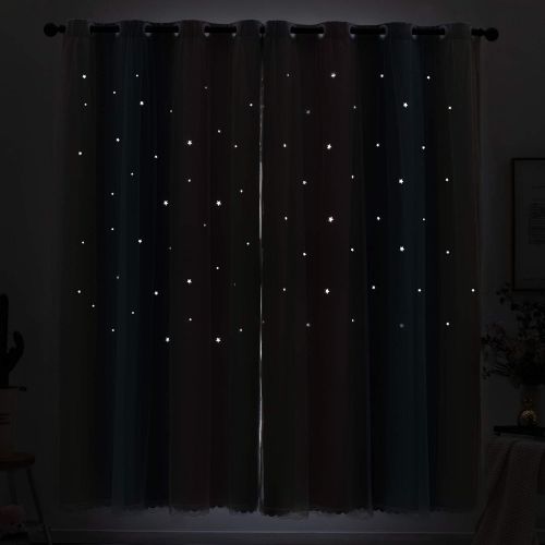  [아마존베스트]STFLY 2 Panels Star Curtains for Girls Bedroom 84 inch Length Room Darkening Kids Blackout Curtains Double Layer Rainbow Lace Curtain Room Decor Drapes (Stripe Pink, 42W x 84L)