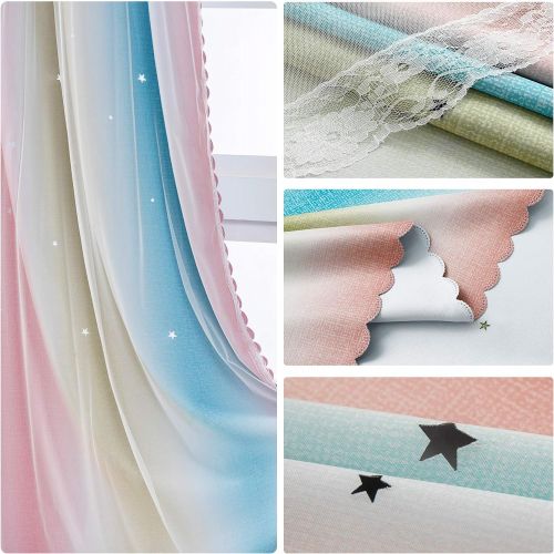  [아마존베스트]STFLY 2 Panels Star Curtains for Girls Bedroom 84 inch Length Room Darkening Kids Blackout Curtains Double Layer Rainbow Lace Curtain Room Decor Drapes (Stripe Pink, 42W x 84L)