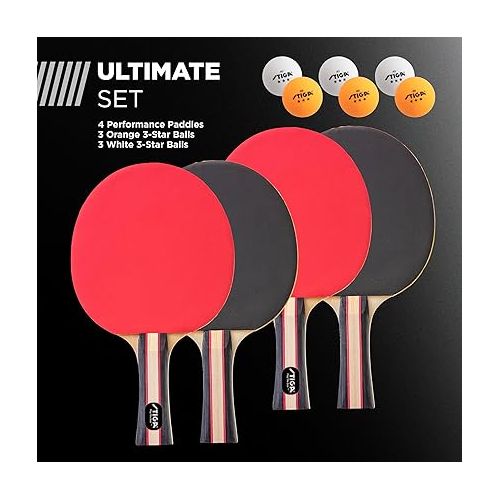 스티가 STIGA Performance 4 Player Ping Pong Paddle Set of 4 - Table Tennis Rackets, 6 - 3 Star Orange and White Balls