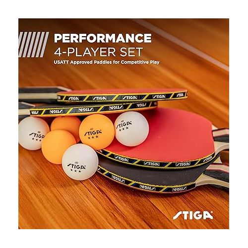 스티가 STIGA Performance 4 Player Ping Pong Paddle Set of 4 - Table Tennis Rackets, 6 - 3 Star Orange and White Balls