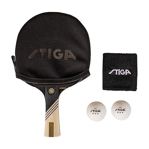 스티가 STIGA Carbon+ Bundle Ping Pong Paddle Set - 7-ply Extra Light Carbon Fiber Blade - 2mm Premium Sponge - Concave Pro Handle - 2 3-Star Tournament Balls - Neoprene Racket Cover - Player Wristband