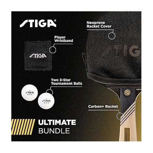 스티가 STIGA Carbon+ Bundle Ping Pong Paddle Set - 7-ply Extra Light Carbon Fiber Blade - 2mm Premium Sponge - Concave Pro Handle - 2 3-Star Tournament Balls - Neoprene Racket Cover - Player Wristband