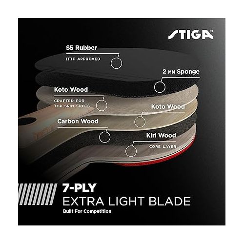 스티가 STIGA Raptor Performance Ping Pong Paddle - 7-ply Carbon Fiber Blade - 2mm Premiere Sponge for a Larger Sweet Spot - Flared Handle for Increased Control - Performance Table Tennis Racket