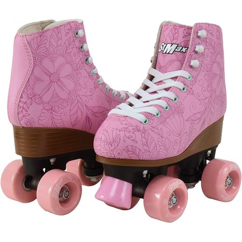  STMAX Roller Skates for Girls Size 3.5 Pink Flower for Kids Quad Derby Light with Adjustable Lace System Outdoor rollerskates Girl 4-Wheels Blades Indoor Classic Youth Toddler ABEC-7 35