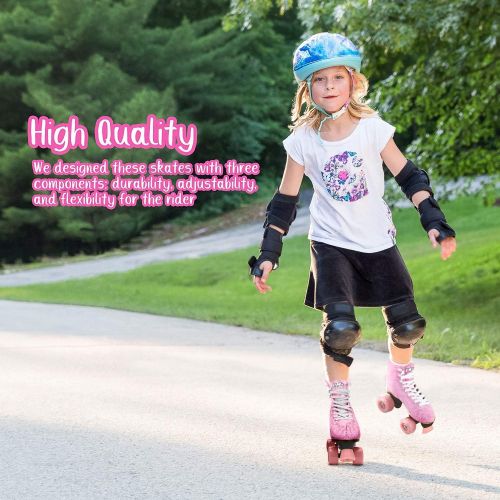  STMAX Roller Skates for Girls Size 3.5 Pink Flower for Kids Quad Derby Light with Adjustable Lace System Outdoor rollerskates Girl 4-Wheels Blades Indoor Classic Youth Toddler ABEC-7 35