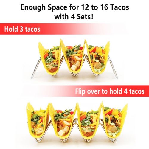  4 Pack - Stainless Steel Taco Holder, STNTUS INNOVATIONS Taco Stand Up Rack | Taco Party Platters and Serving Trays, 12 to 16 Space for Hard or Soft Shells