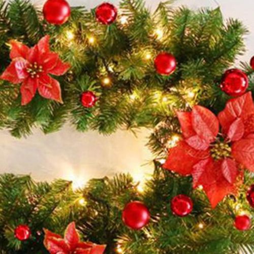  STOBOK Christmas Garland with Red Poinsettia Balls Christmas Tree Garland Hanging Decoration for Holiday Xmas New Year Stairs Fireplace Front Door Decoration