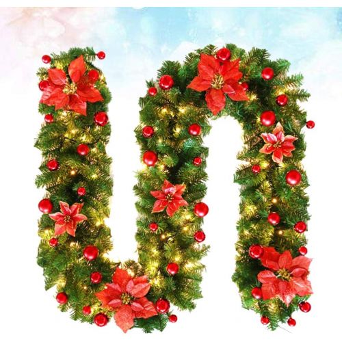  STOBOK Christmas Garland with Red Poinsettia Balls Christmas Tree Garland Hanging Decoration for Holiday Xmas New Year Stairs Fireplace Front Door Decoration