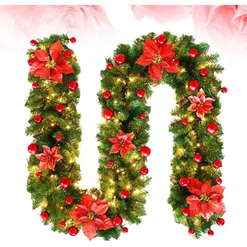  STOBOK Christmas Garland with Red Poinsettia Balls Christmas Tree Garland Hanging Decoration for Holiday Xmas New Year Stairs Fireplace Front Door Decoration