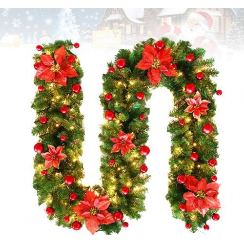  STOBOK Christmas Garland with Red Poinsettia Balls Christmas Tree Garland Hanging Decoration for Holiday Xmas New Year Stairs Fireplace Front Door Decoration