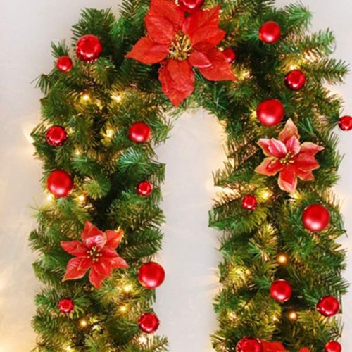  STOBOK Christmas Garland with Red Poinsettia Balls Christmas Tree Garland Hanging Decoration for Holiday Xmas New Year Stairs Fireplace Front Door Decoration