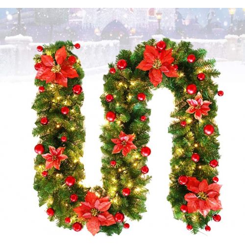  STOBOK Christmas Garland with Red Poinsettia Balls Christmas Tree Garland Hanging Decoration for Holiday Xmas New Year Stairs Fireplace Front Door Decoration