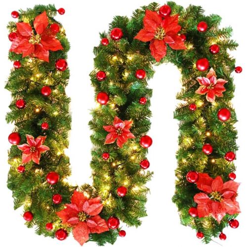  STOBOK Christmas Garland with Red Poinsettia Balls Christmas Tree Garland Hanging Decoration for Holiday Xmas New Year Stairs Fireplace Front Door Decoration