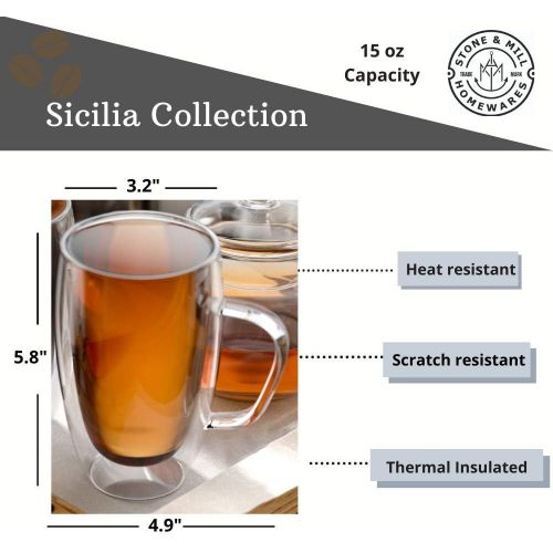  [아마존베스트]Stone & Mill Homewares Stone & Mill Set of 2 Large Double Walled Glass Coffee Cups, 15 Ounce Sicilia Collection, Tall Insulated Mugs for Espresso, Latte, Cappuccino, Tea, Box Set AM-13