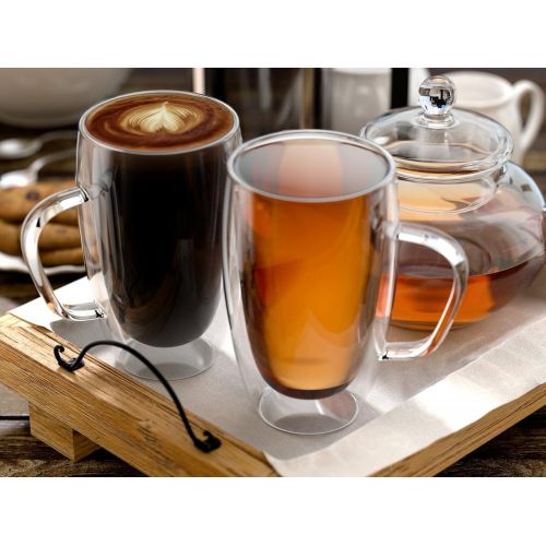  [아마존베스트]Stone & Mill Homewares Stone & Mill Set of 2 Large Double Walled Glass Coffee Cups, 15 Ounce Sicilia Collection, Tall Insulated Mugs for Espresso, Latte, Cappuccino, Tea, Box Set AM-13