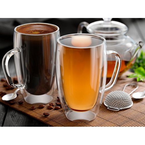  [아마존베스트]Stone & Mill Homewares Stone & Mill Set of 2 Large Double Walled Glass Coffee Cups, 15 Ounce Sicilia Collection, Tall Insulated Mugs for Espresso, Latte, Cappuccino, Tea, Box Set AM-13