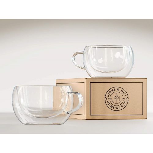  [아마존베스트]Stone & Mill Homewares Stone & Mill 2 Glass Tea Cups 7 oz, Insulated Double Wall Coffee Cup AM-09