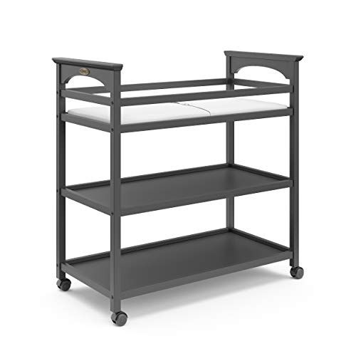  STORKCRAFT Graco Lauren Changing Table with Water-Resistant Change Pad and Safety Strap, Gray, Multi Open Storage Nursery Changing Table for Infants or Babies