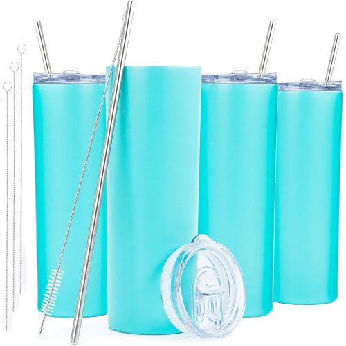  [아마존베스트]STRATA CUPS SKINNY TUMBLERS (4 pack) 20oz Stainless Steel Double Wall Insulated Tumblers with Lids and Straws | Skinny Travel Mug, Straw Cleaner INCLUDED! Reusable Cup With Straw | Vinyl DIY G