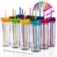 [아마존베스트]STRATA CUPS SKINNY TUMBLERS 12 Colored Acrylic Tumblers with Lids and Straws | Skinny, 16oz Double Wall Clear Plastic Tumblers With FREE Straw Cleaner & Name Tags! Reusable Cup With Straw (Mul