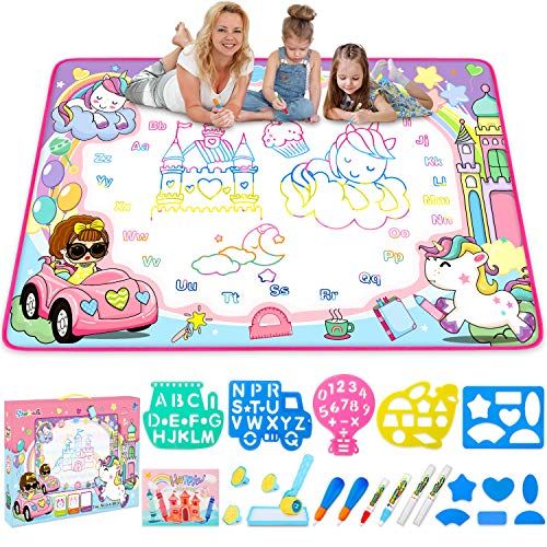  [아마존베스트]STREET WALK Water Drawing Mat- Kids Painting Writing Doodle Board Toy - Color Doodle Drawing Mat Bring Magic Pens Educational Toys for Age 3 4 5 6 7 8 9 10 11 12 Year Old Girls Boys Age Toddle