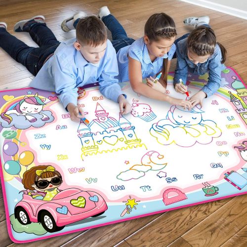  [아마존베스트]STREET WALK Water Drawing Mat- Kids Painting Writing Doodle Board Toy - Color Doodle Drawing Mat Bring Magic Pens Educational Toys for Age 3 4 5 6 7 8 9 10 11 12 Year Old Girls Boys Age Toddle