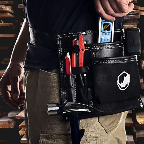  [아마존베스트]STRONGLAD 5-Pocket Single Side Black Leather Work Tool Belt Pouch for Carpenter Toolbelt for Construction Men and Women